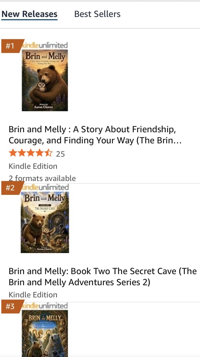 Amazon New Releases screenshot showing Brin and Melly at number one, The Secret Cave at number two, and The Guardian of the Hidden Valley at number three while Books 2 and 3 were in prerelease